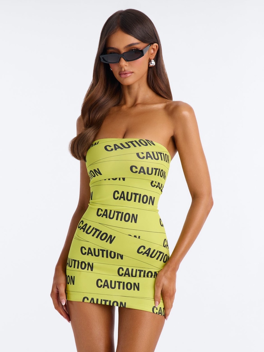Fashion Nova Strapless 'Caution' Mini Dress - Neon Yellow with Black Print